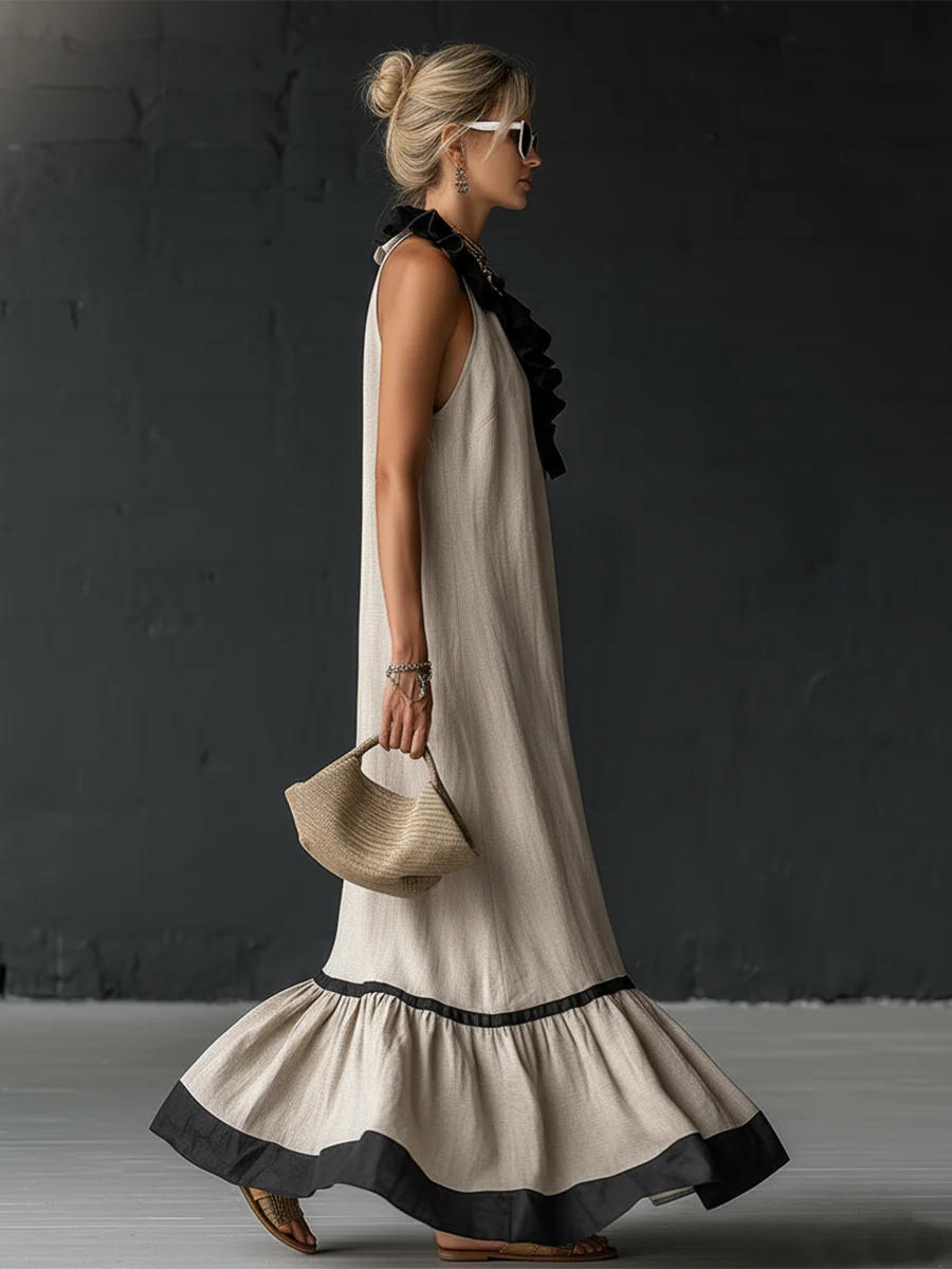 Natja - Vestido Longo de Linho Com Gola Com Folhos