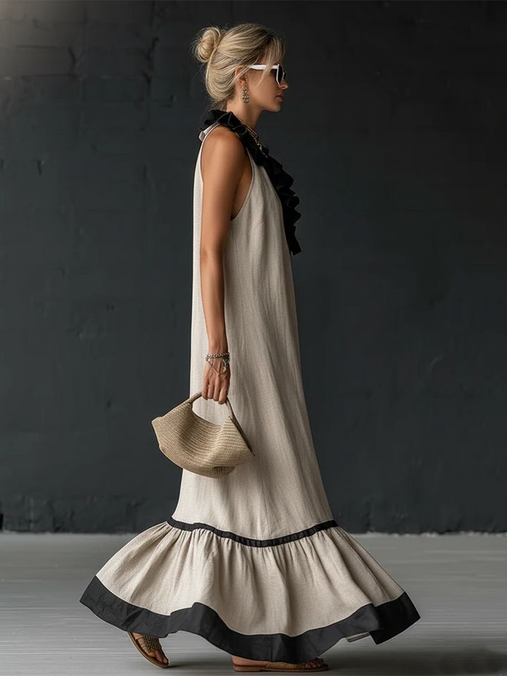 Natja - Vestido Longo de Linho Com Gola Com Folhos
