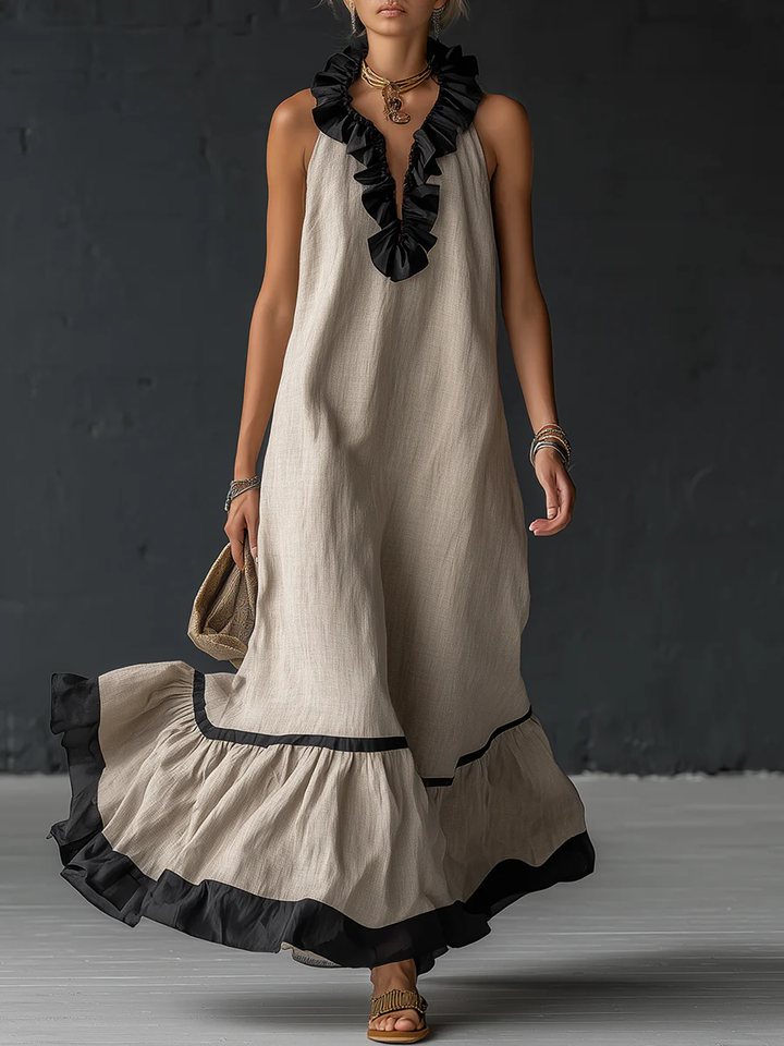 Natja - Vestido Longo de Linho Com Gola Com Folhos