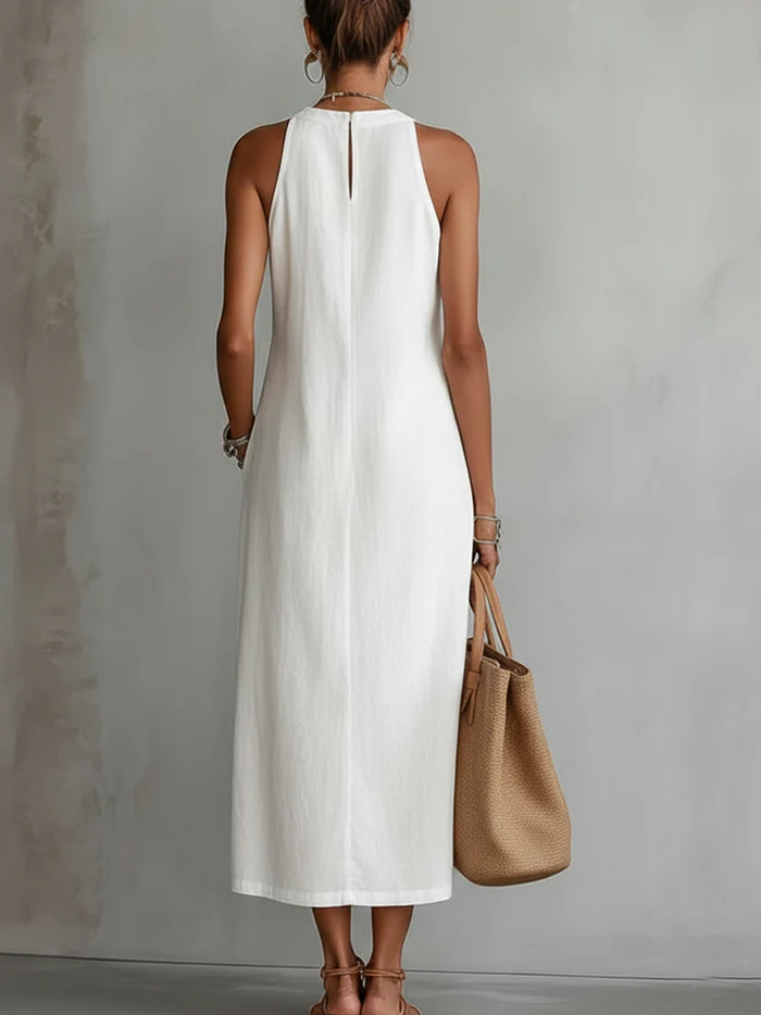 Devindi - Vestido Midi de Linho Com Gola Mandarim