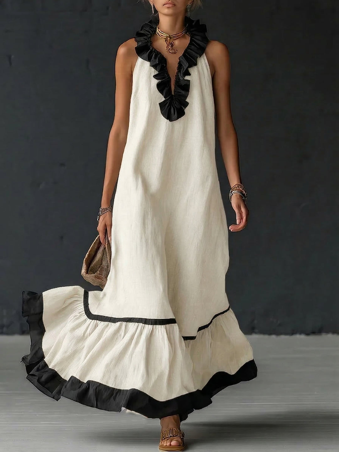 Natja - Vestido Longo de Linho Com Gola Com Folhos