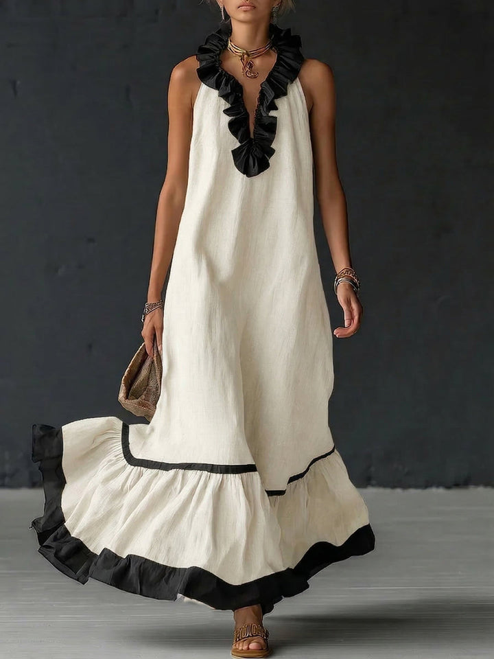 Natja - Vestido Longo de Linho Com Gola Com Folhos