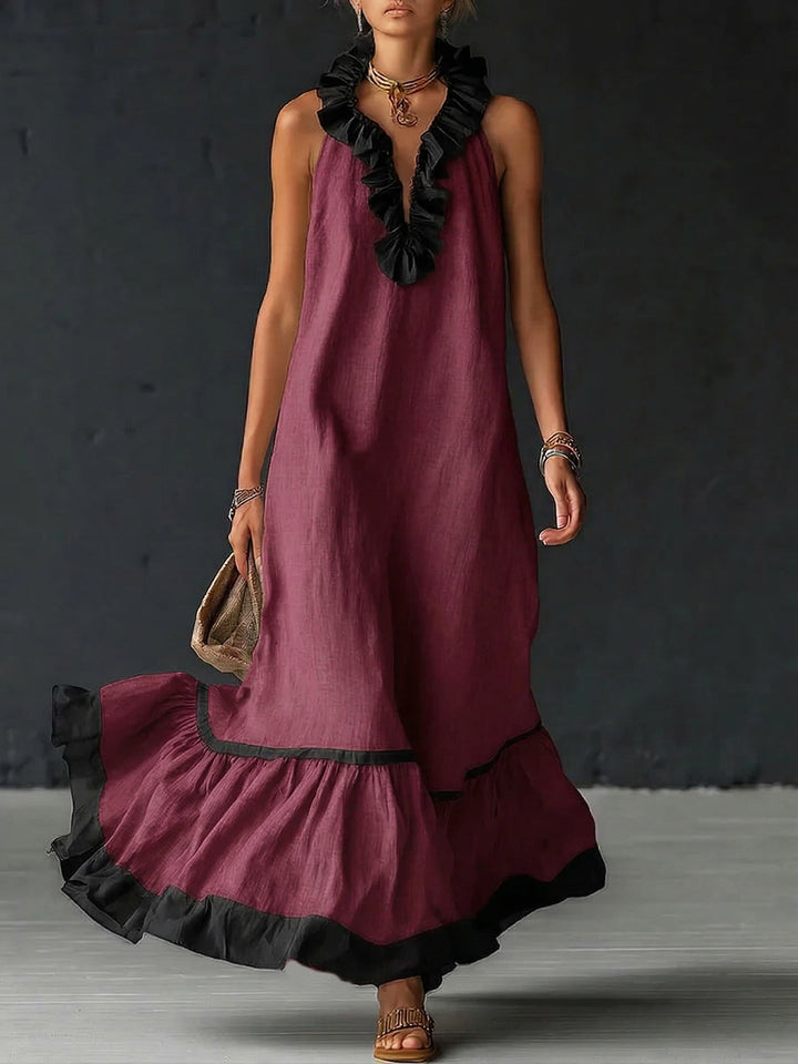 Natja - Vestido Longo de Linho Com Gola Com Folhos