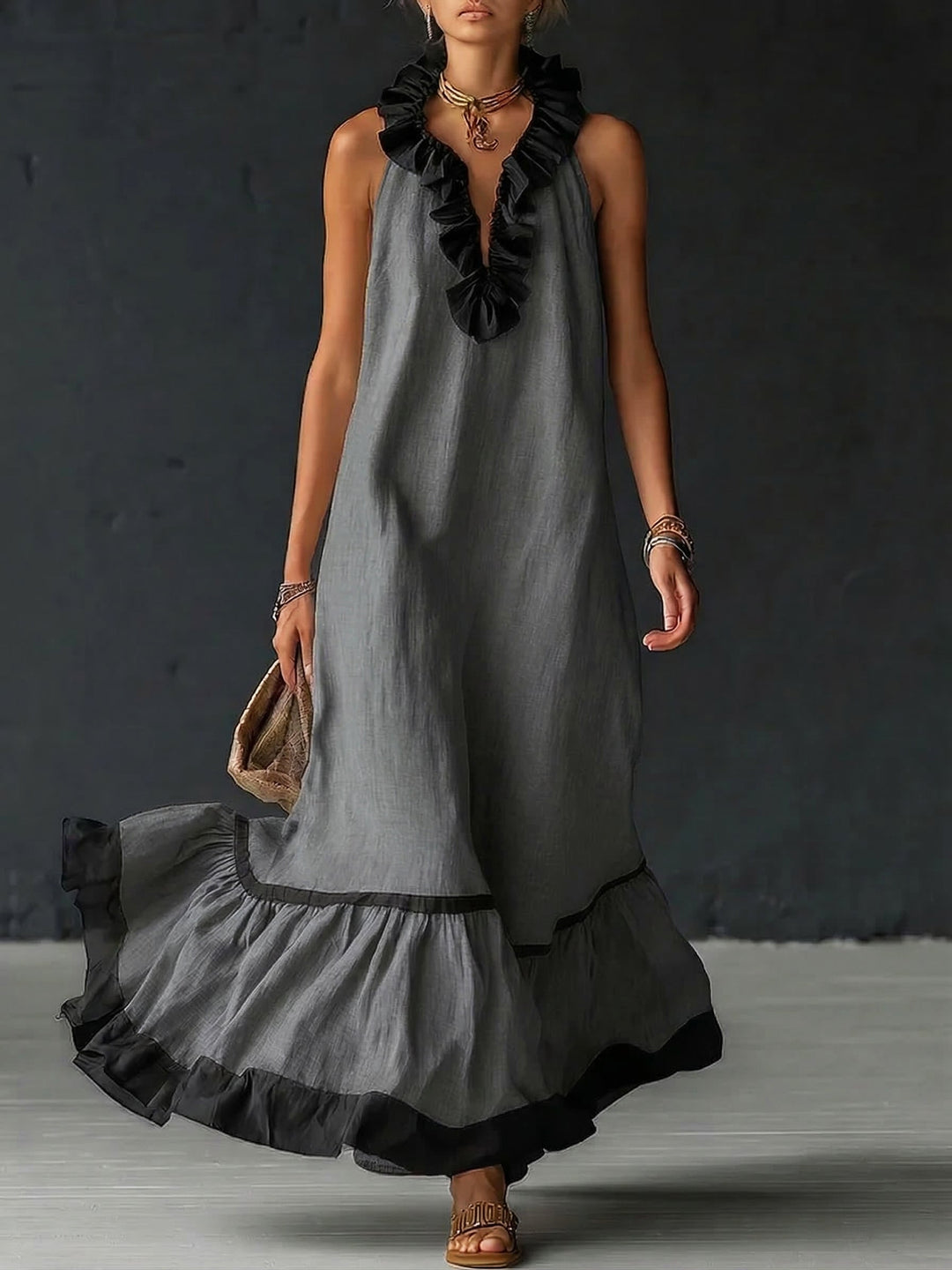 Natja - Vestido Longo de Linho Com Gola Com Folhos