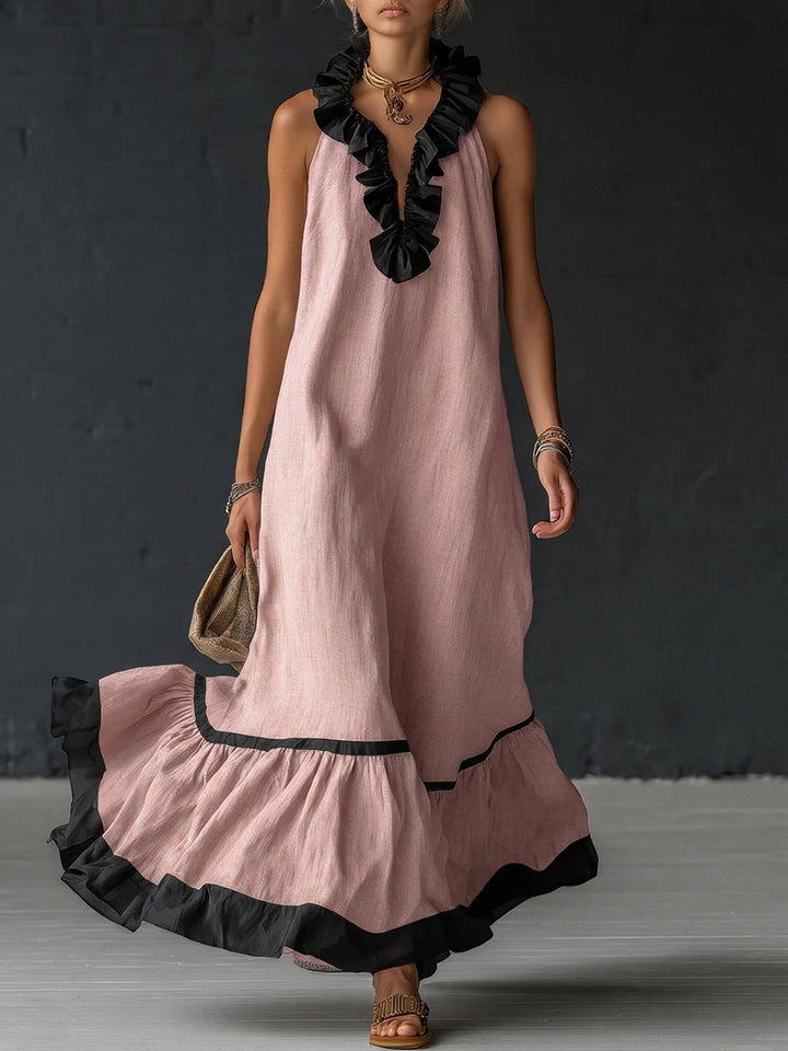 Natja - Vestido Longo de Linho Com Gola Com Folhos