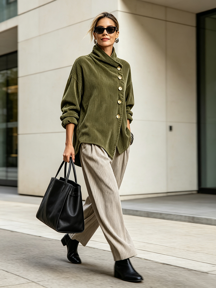 Moniza - Camisola Assimétrica De Veludo Cotelê Com Botões