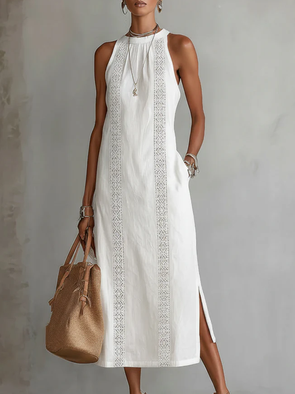 Devindi - Vestido Midi de Linho Com Gola Mandarim