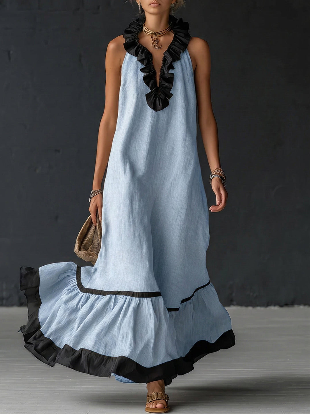 Natja - Vestido Longo de Linho Com Gola Com Folhos