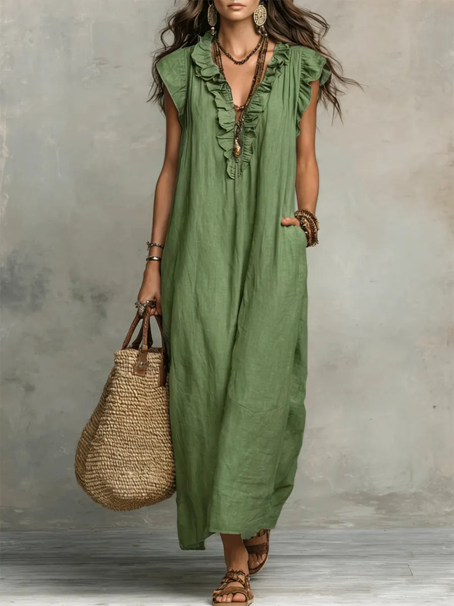Uanavi - Vestido Longo De Estilo Boémio Em Linho