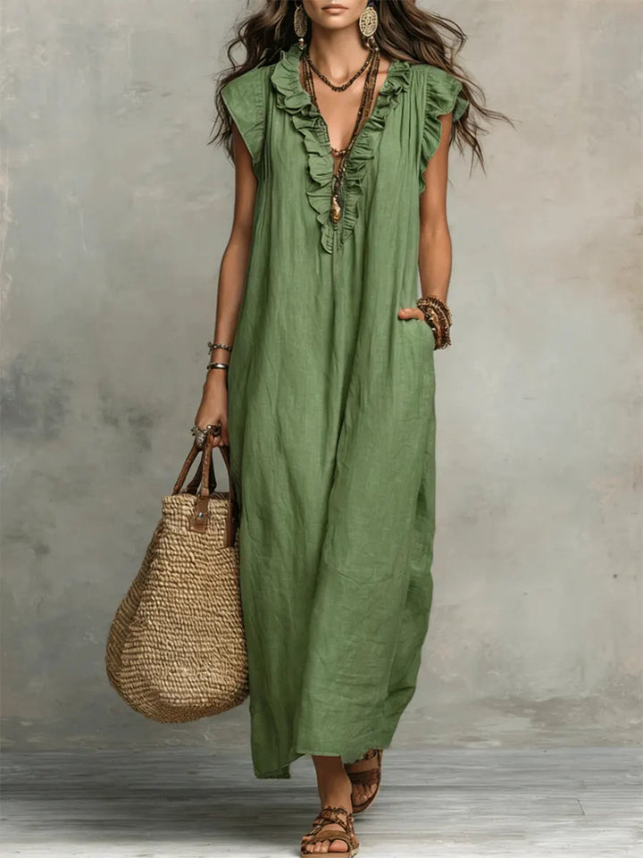 Uanavi - Vestido Longo De Estilo Boémio Em Linho