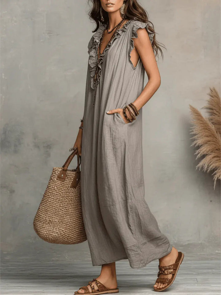 Uanavi - Vestido Longo De Estilo Boémio Em Linho