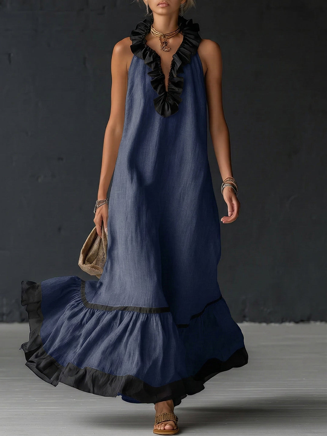 Natja - Vestido Longo de Linho Com Gola Com Folhos
