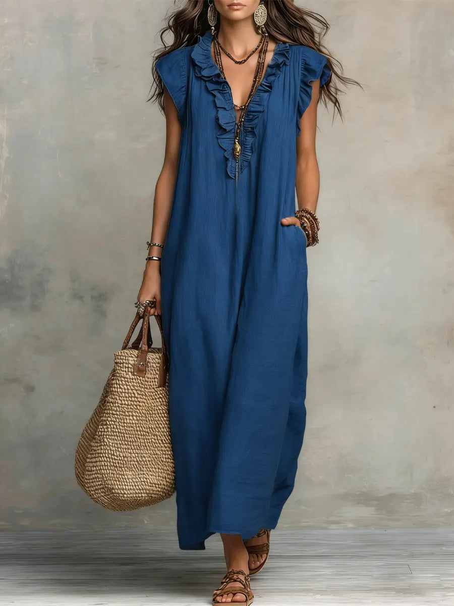 Uanavi - Vestido Longo De Estilo Boémio Em Linho