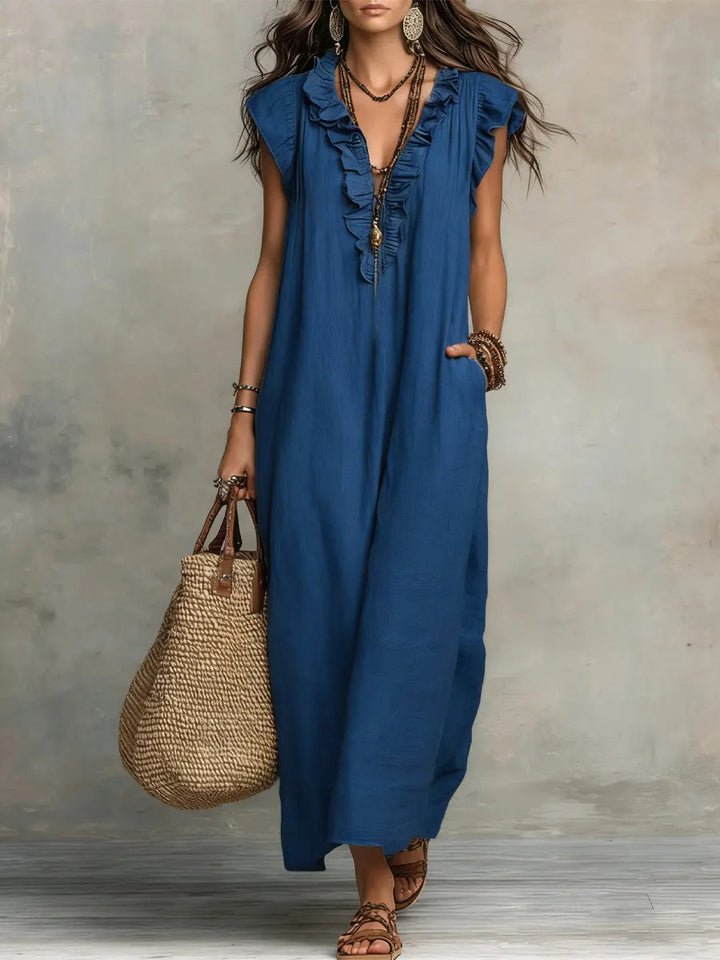 Uanavi - Vestido Longo De Estilo Boémio Em Linho