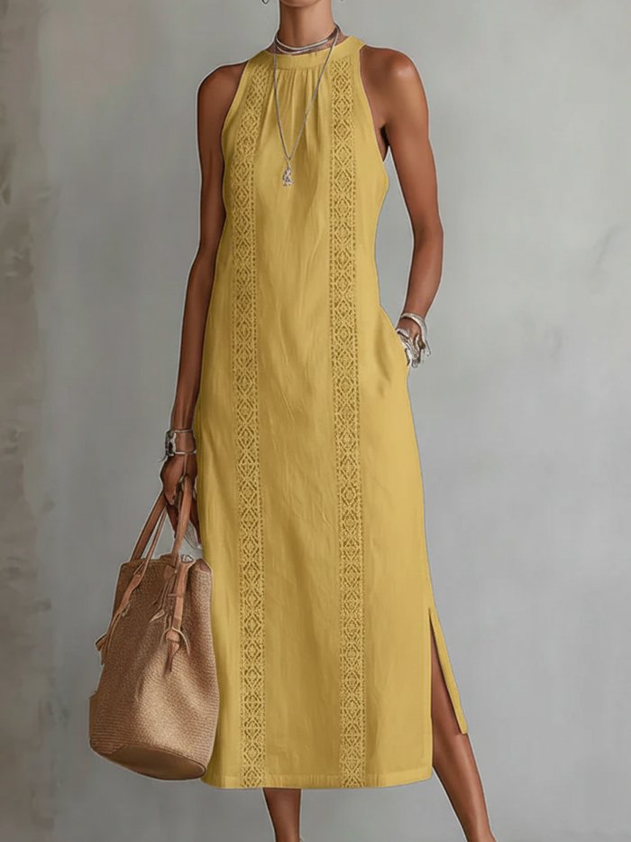 Devindi - Vestido Midi de Linho Com Gola Mandarim