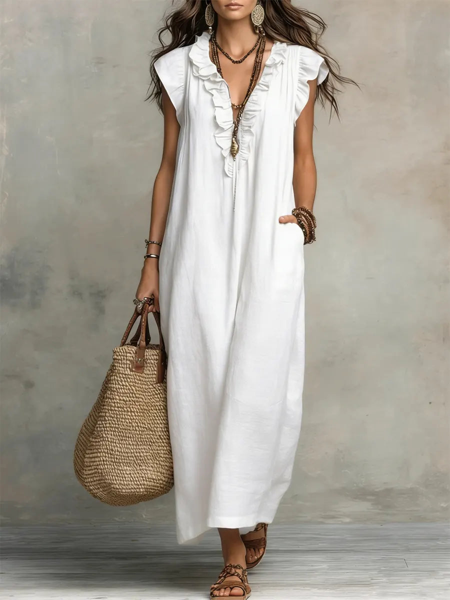 Uanavi - Vestido Longo De Estilo Boémio Em Linho