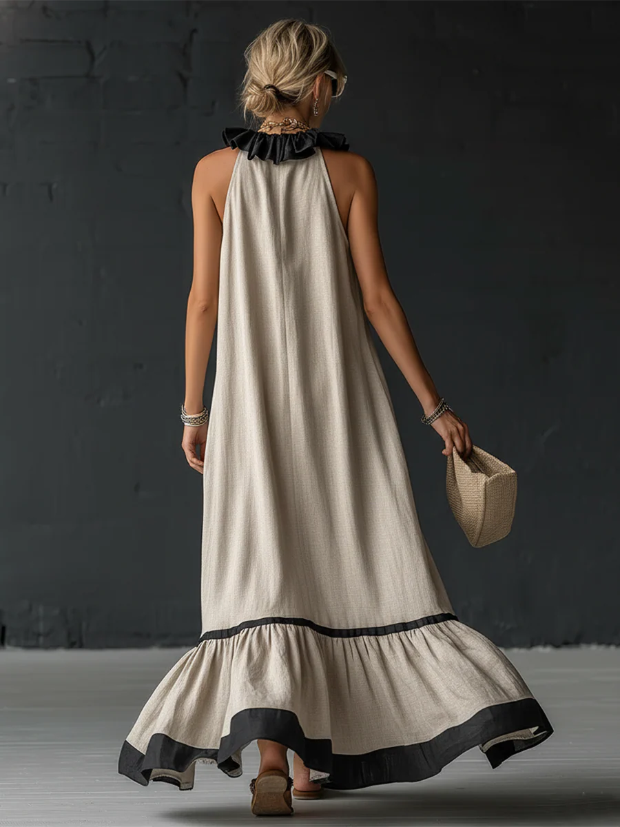 Natja - Vestido Longo de Linho Com Gola Com Folhos