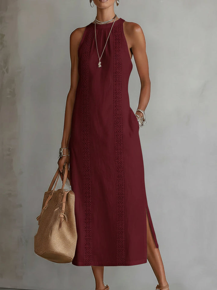 Devindi - Vestido Midi de Linho Com Gola Mandarim
