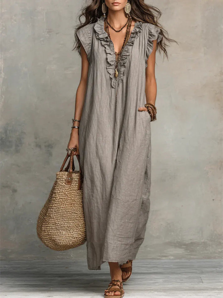Uanavi - Vestido Longo De Estilo Boémio Em Linho