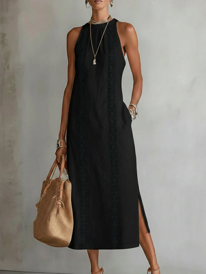 Devindi - Vestido Midi de Linho Com Gola Mandarim