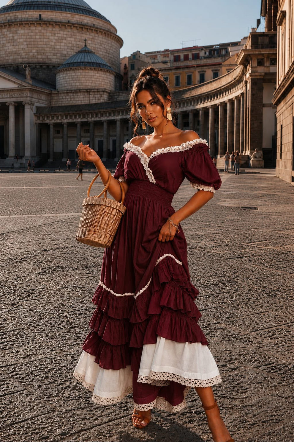Naeun - Vestido Maxi Com Ombros À Mostra Folhos E Acabamento Em Renda