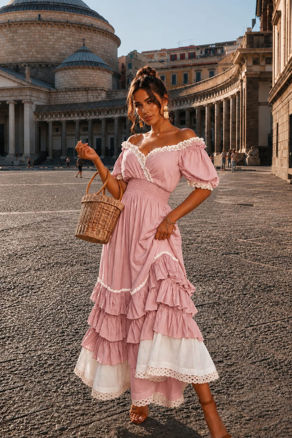 Naeun - Vestido Maxi Com Ombros À Mostra Folhos E Acabamento Em Renda