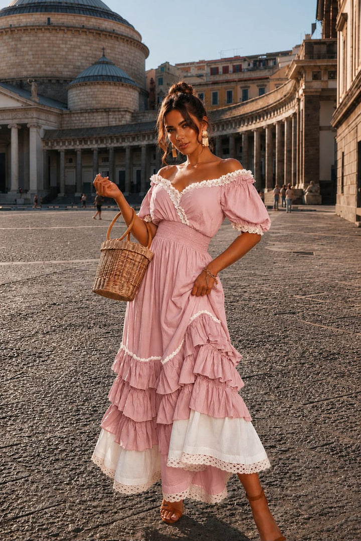 Naeun - Vestido Maxi Com Ombros À Mostra Folhos E Acabamento Em Renda