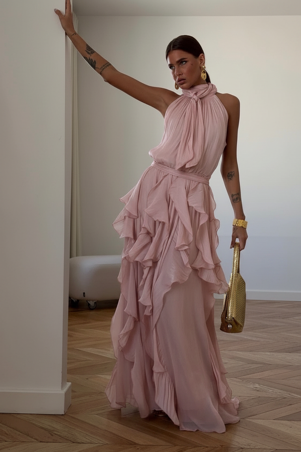 Nataly - Vestido Maxi Com Folhos Em Cascata