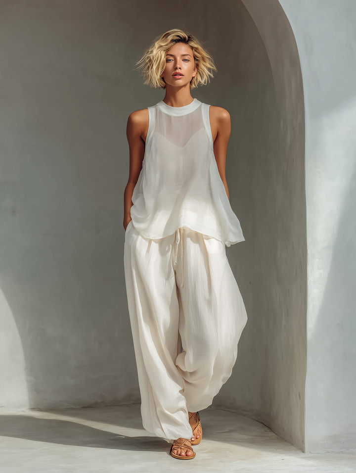Olivian - Conjunto de top sem Mangas em Chiffon e Calças Largas