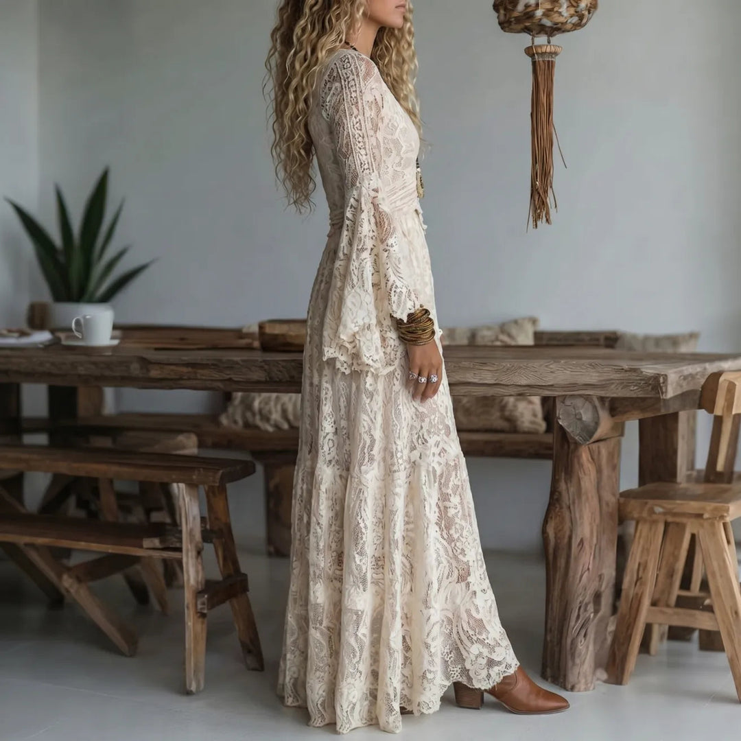 Chariya - Vestido Maxi Boémio Com Mangas Em Forma De Sino Em Renda Floral