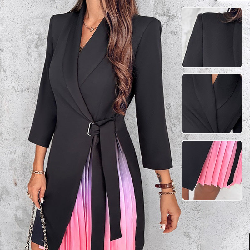 Meja - Vestido Blazer Plissado Ombre Com Gola Entalhada