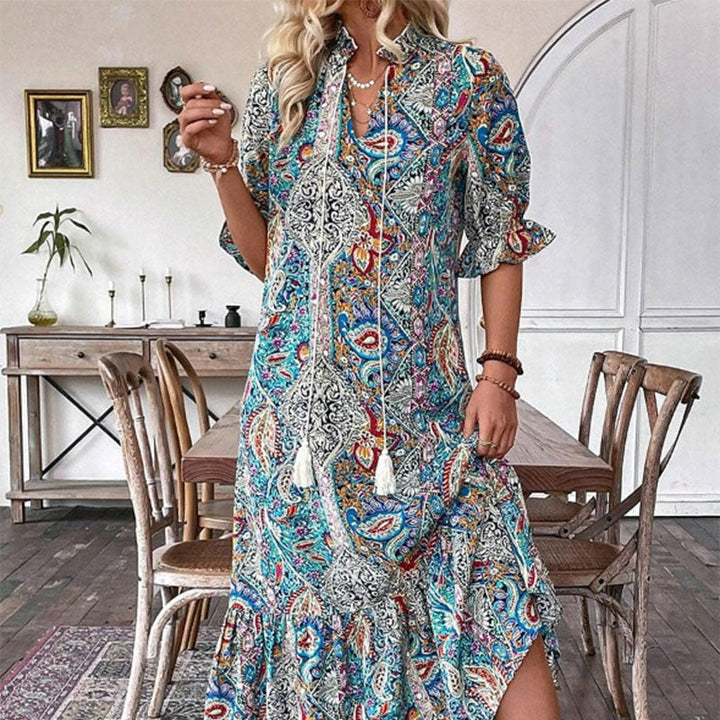 Aniy - Vestido de Verão com Padrão Floral e Decote em V
