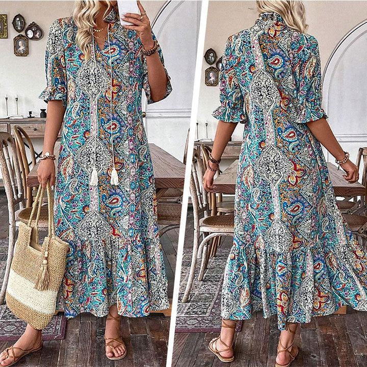 Aniy - Vestido de Verão com Padrão Floral e Decote em V