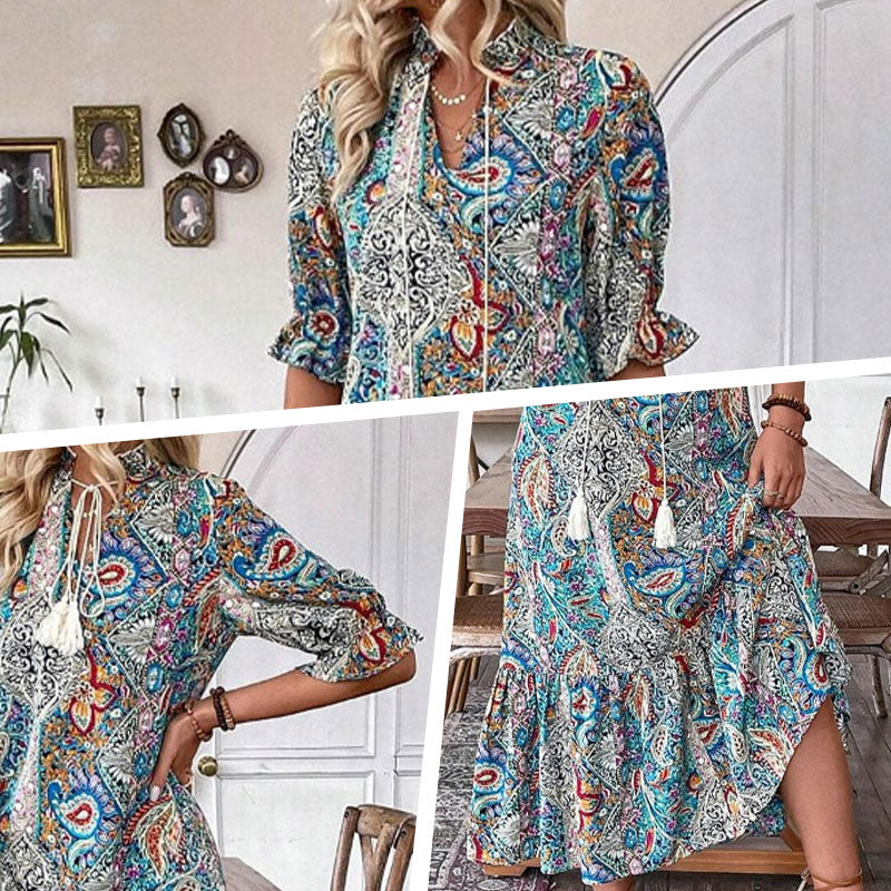 Aniy - Vestido de Verão com Padrão Floral e Decote em V