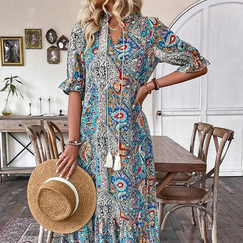 Aniy - Vestido de Verão com Padrão Floral e Decote em V