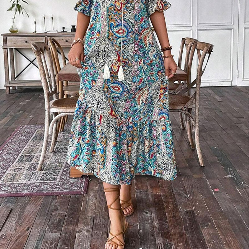 Aniy - Vestido de Verão com Padrão Floral e Decote em V