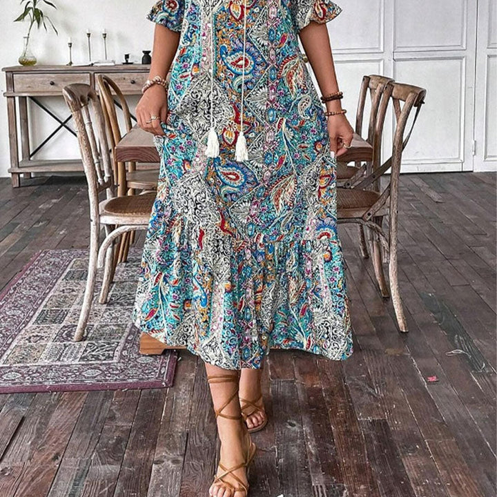 Aniy - Vestido de Verão com Padrão Floral e Decote em V
