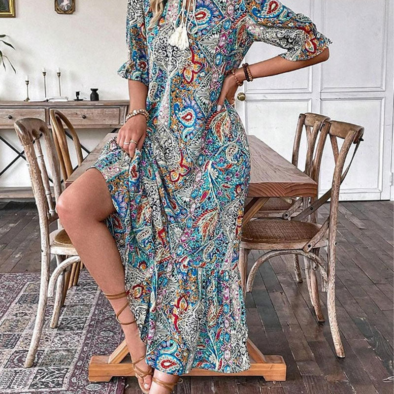 Aniy - Vestido de Verão com Padrão Floral e Decote em V