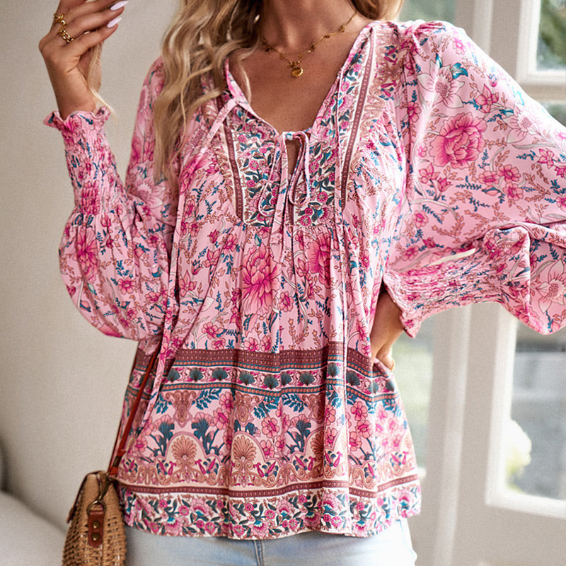 Katia - Camisa Elegante Com Decote em V e Mangas Compridas Estampada