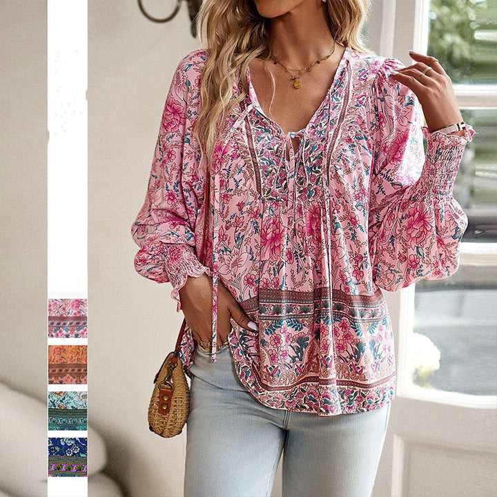 Katia - Camisa Elegante Com Decote em V e Mangas Compridas Estampada