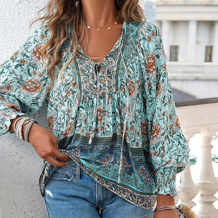 Katia - Camisa Elegante Com Decote em V e Mangas Compridas Estampada