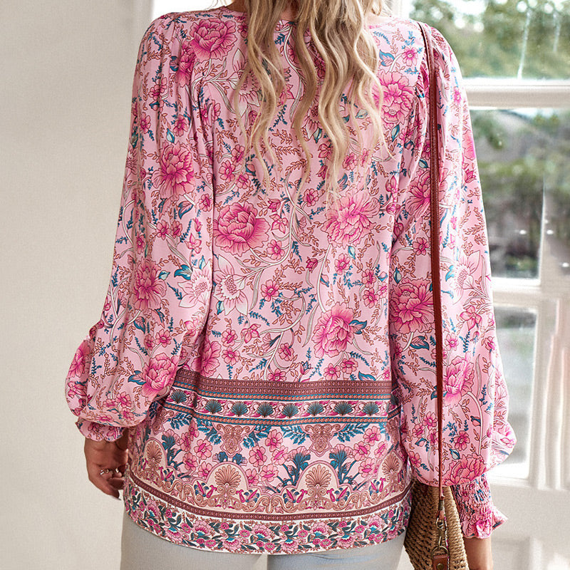 Katia - Camisa Elegante Com Decote em V e Mangas Compridas Estampada