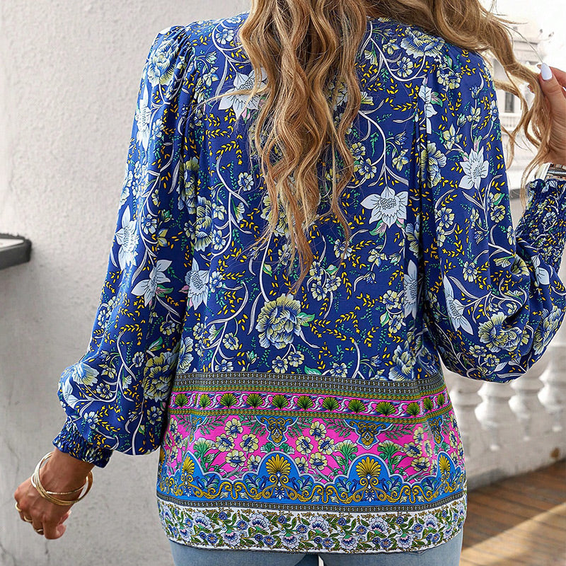 Katia - Camisa Elegante Com Decote em V e Mangas Compridas Estampada