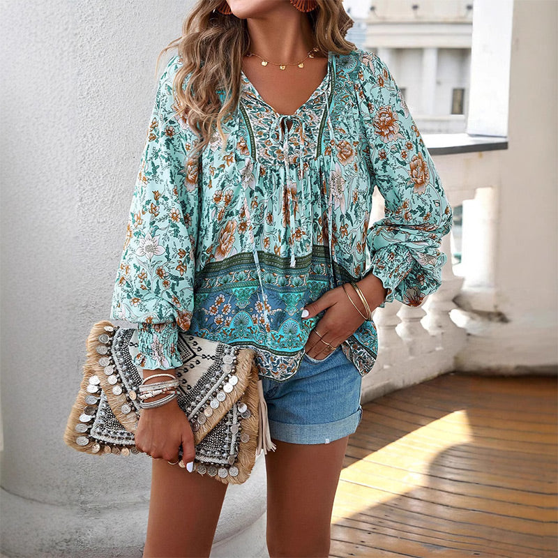 Katia - Camisa Elegante Com Decote em V e Mangas Compridas Estampada