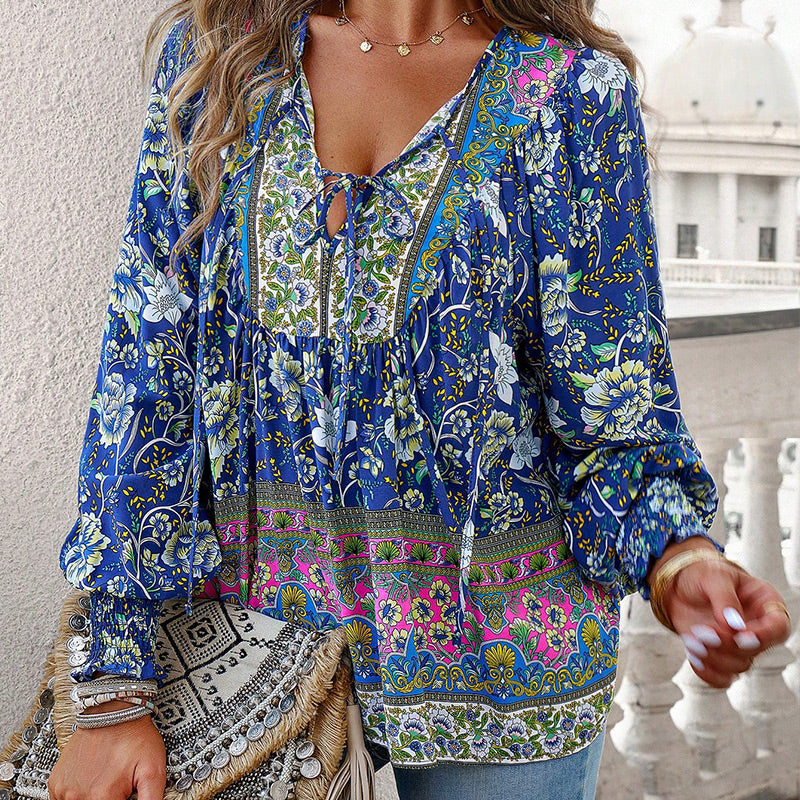 Katia - Camisa Elegante Com Decote em V e Mangas Compridas Estampada