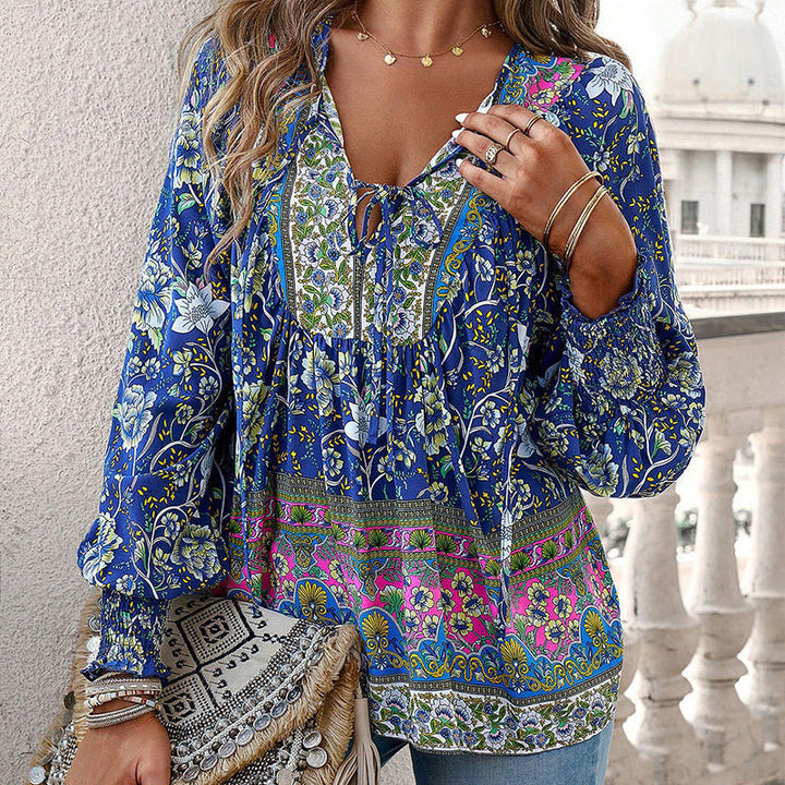 Katia - Camisa Elegante Com Decote em V e Mangas Compridas Estampada