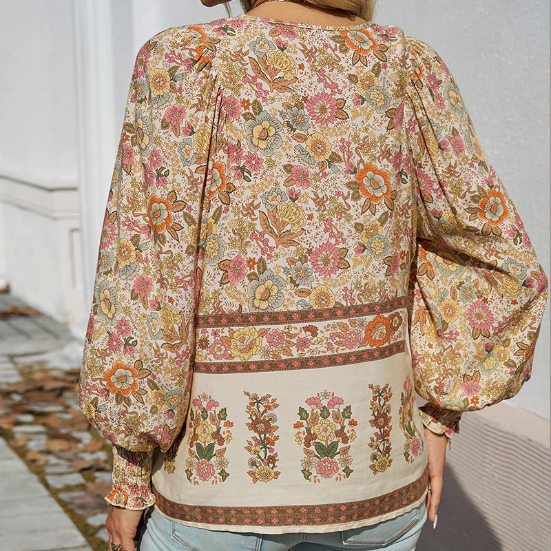 Katia - Camisa Elegante Com Decote em V e Mangas Compridas Estampada