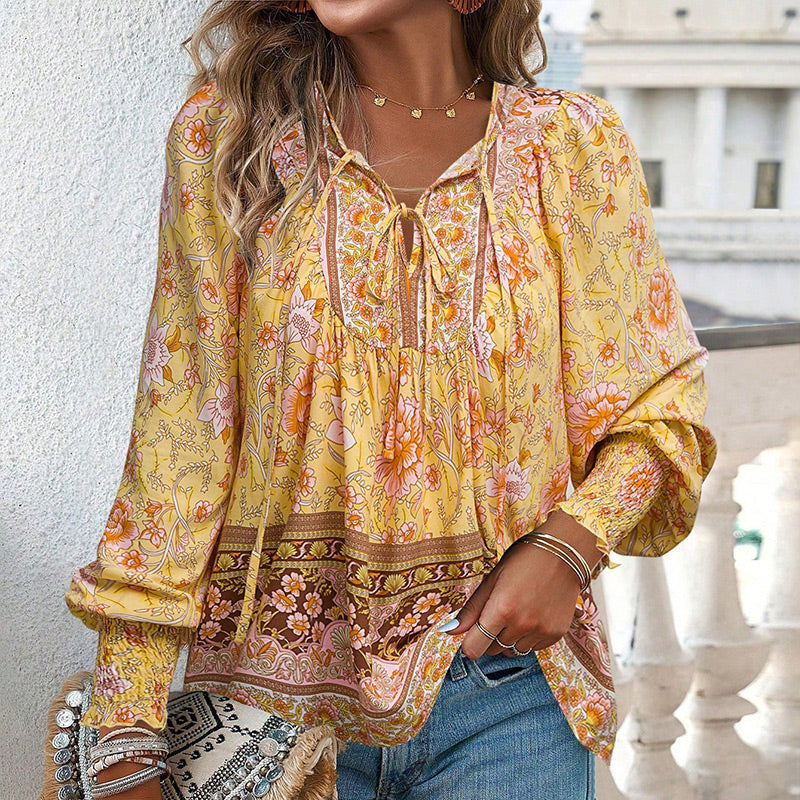 Katia - Camisa Elegante Com Decote em V e Mangas Compridas Estampada