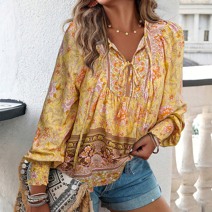 Katia - Camisa Elegante Com Decote em V e Mangas Compridas Estampada