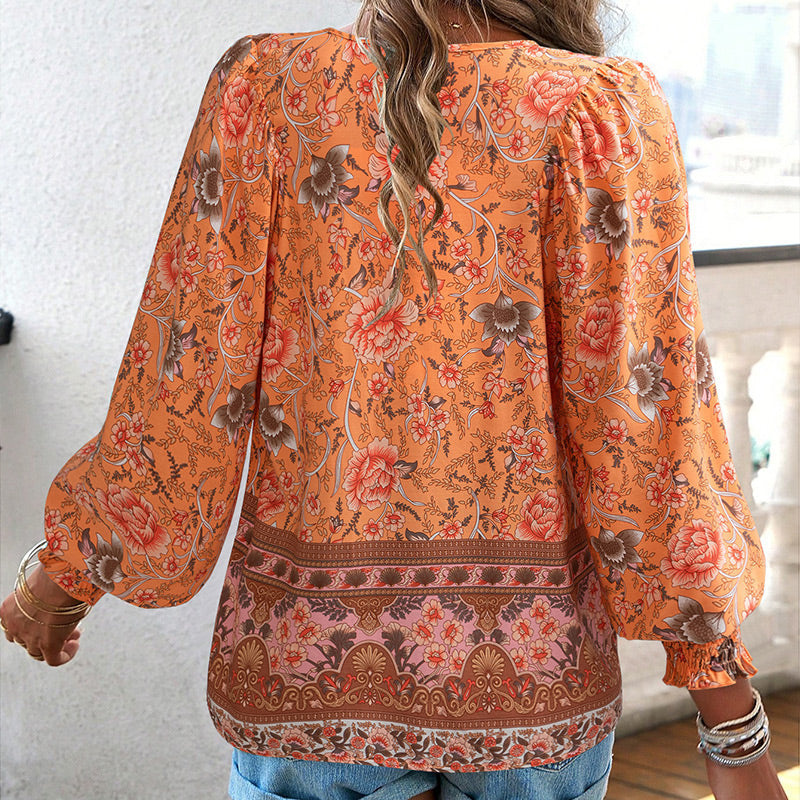 Katia - Camisa Elegante Com Decote em V e Mangas Compridas Estampada